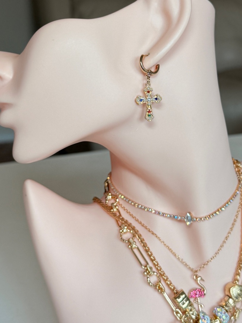 Gold Cross Huggie Earring with Multicolor Gemstones